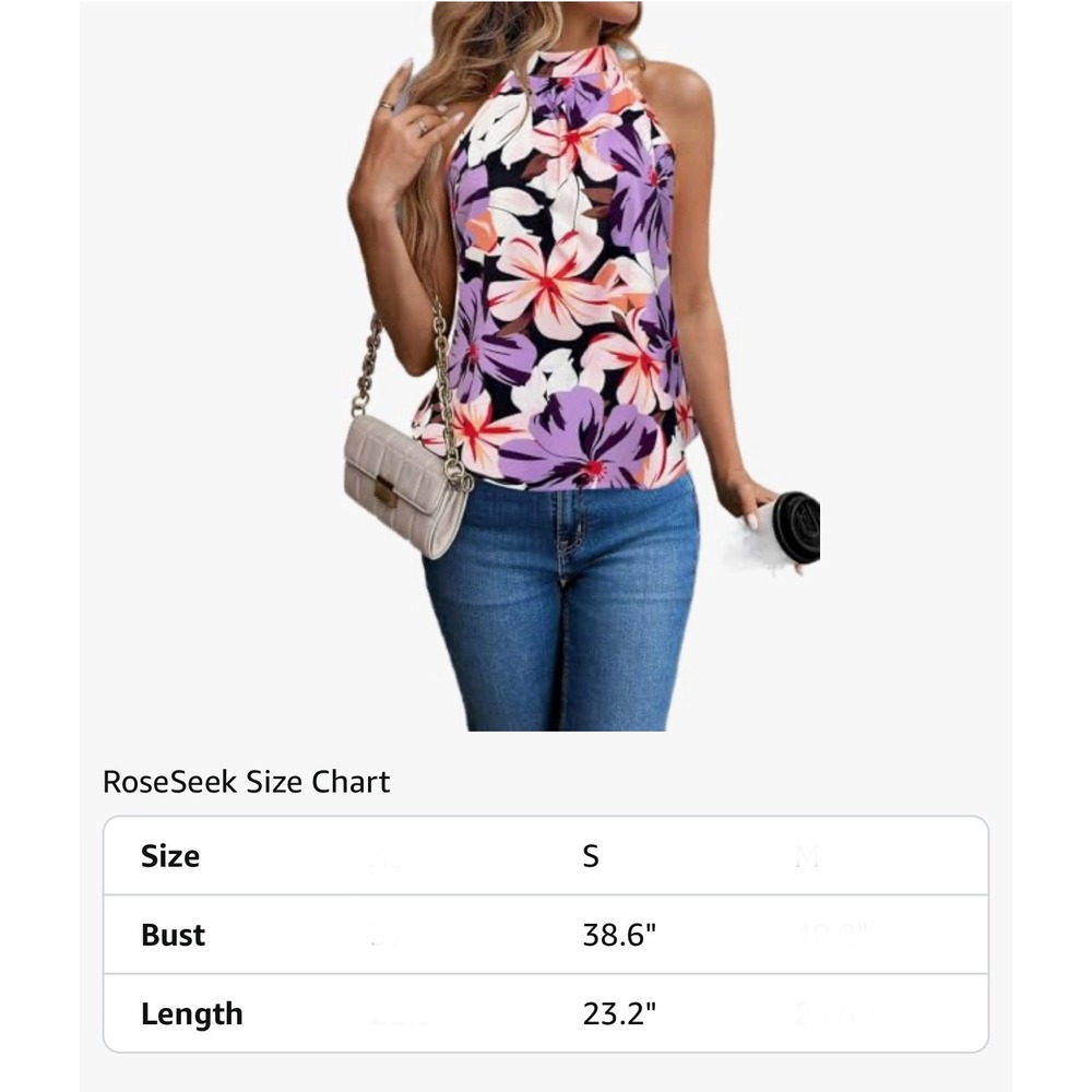 Purple Floral High Neck Halter Top Sleeveless Tropical Blouse Small - Picture 12 of 12